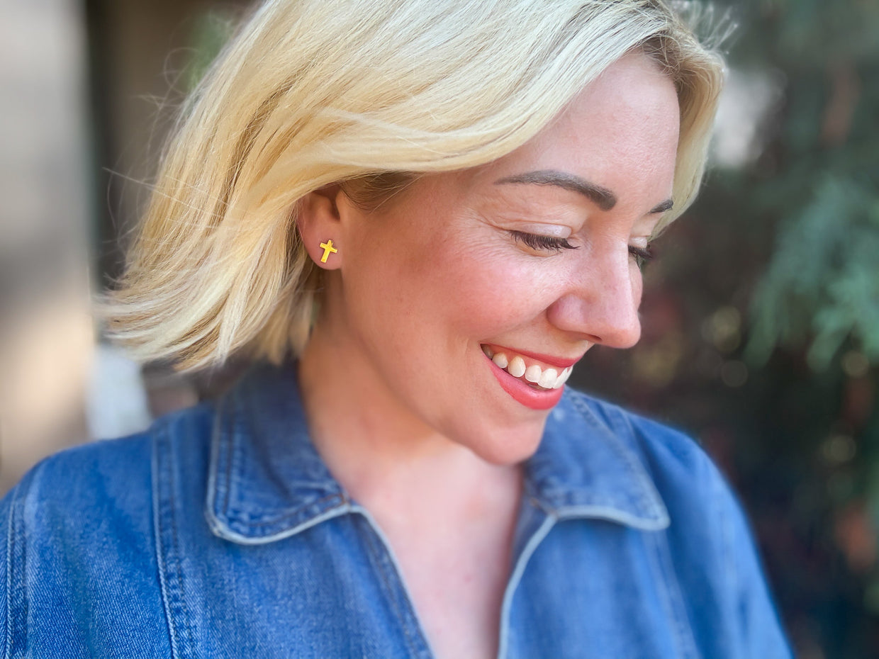 Beatrice Gold Cross Stud Earrings